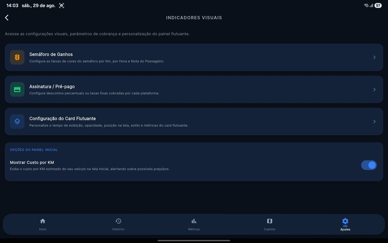 Tela de backup e privacidade no aplicativo CGMPro