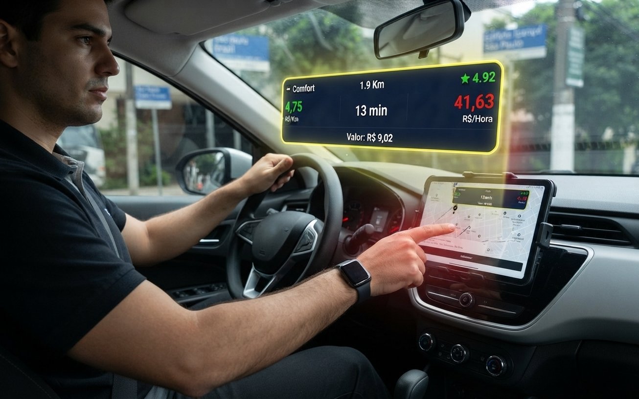 Motorista no cockpit com tablet e holograma de corrida CGMPro